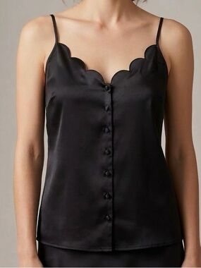 Black Satin Button Front Scallop V Neck Tank Relaxed Fit size Large